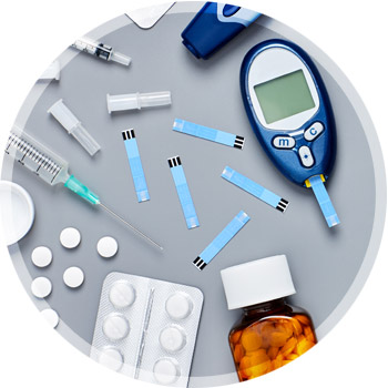 various prescription medications, testing strips and blood glucose monitor